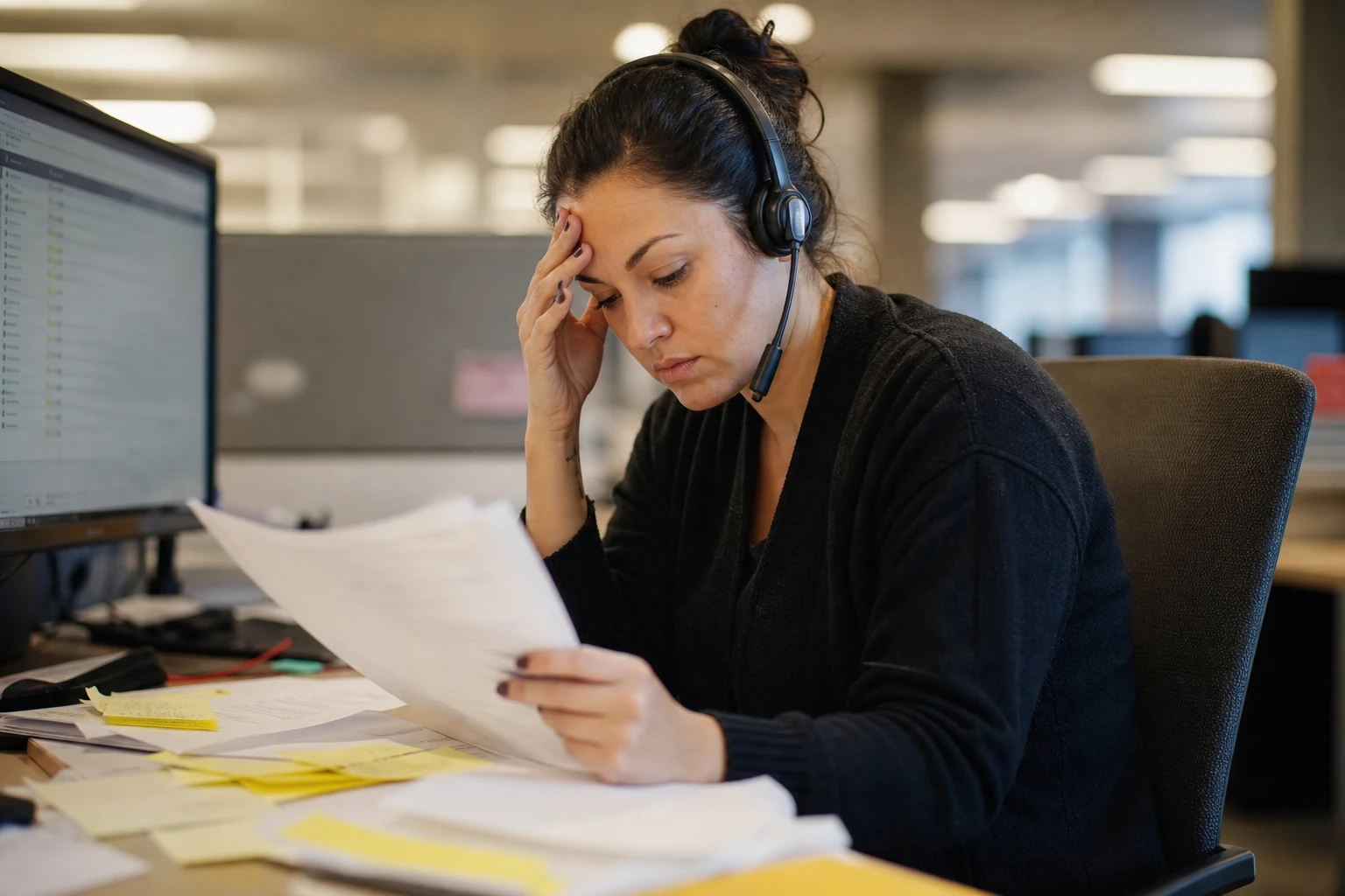 Customer support agent at a desk surrounded by a stack of pending tickets and a headset