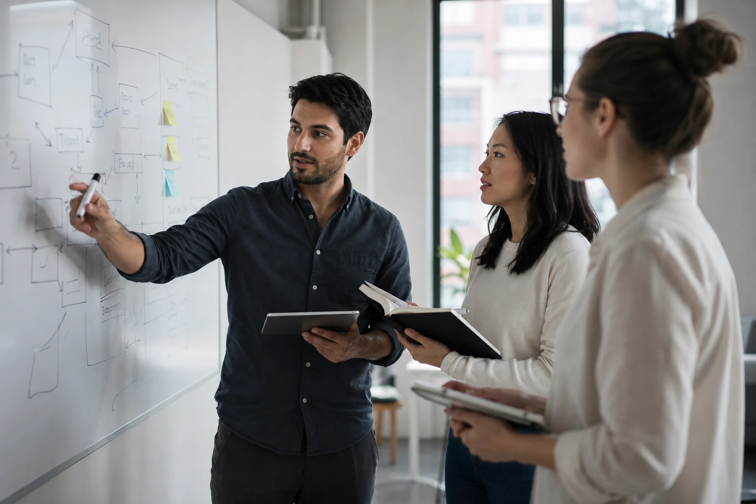 Small team gathered around a whiteboard discussing workflow diagrams in an office