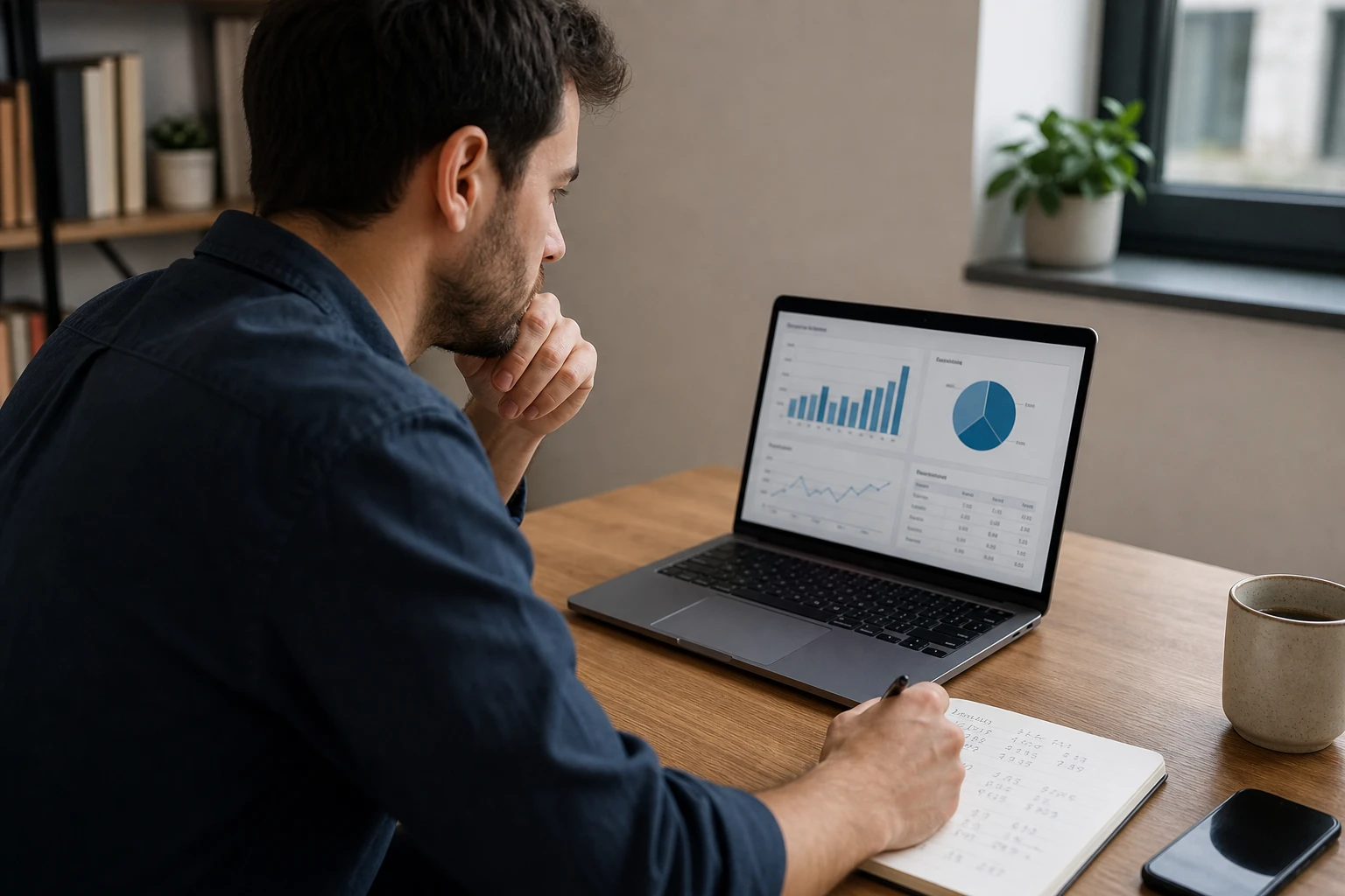 Man reviewing performance numbers on a laptop screen at a desk
