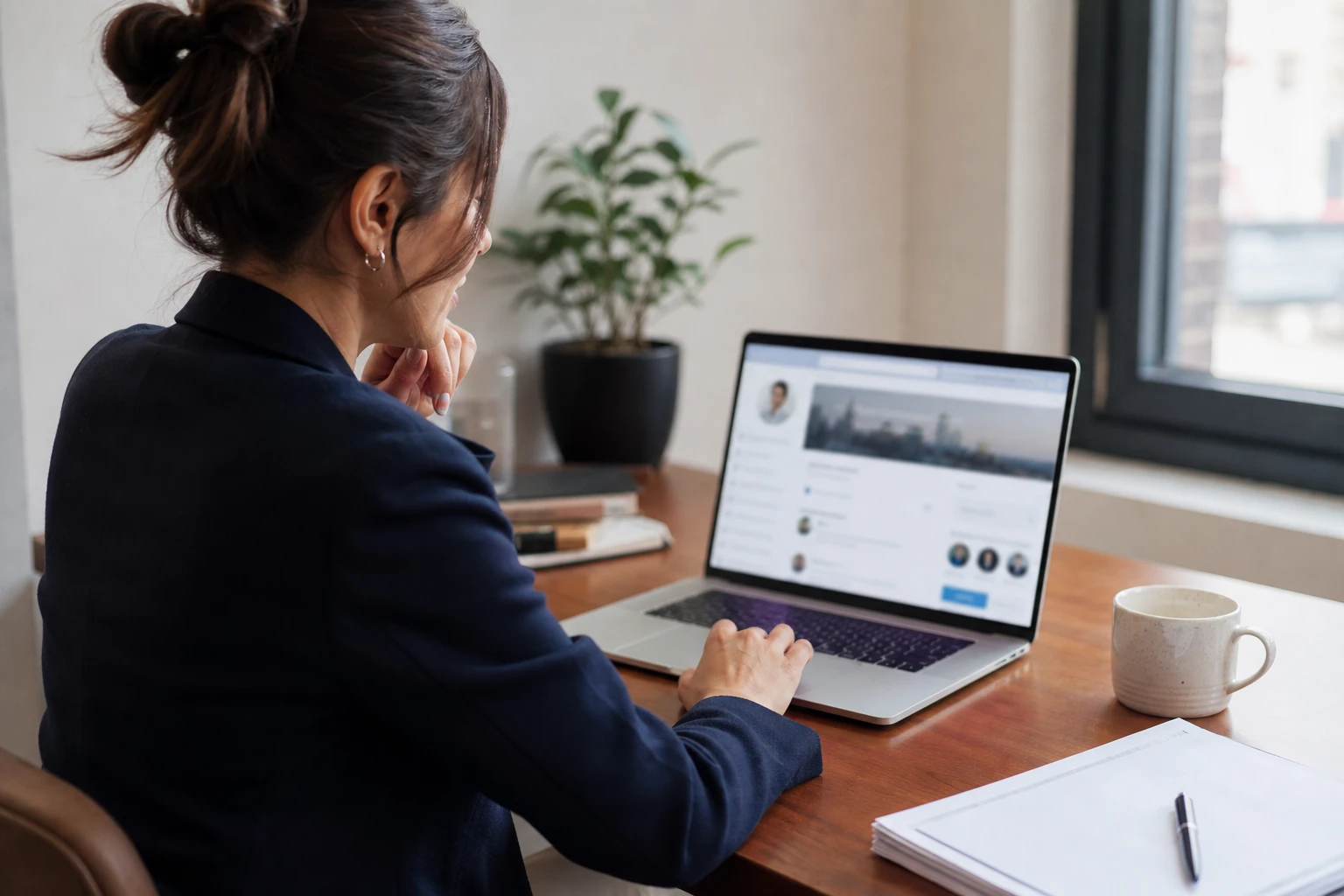 Woman sitting at a desk scrolling through a profile page on her laptop