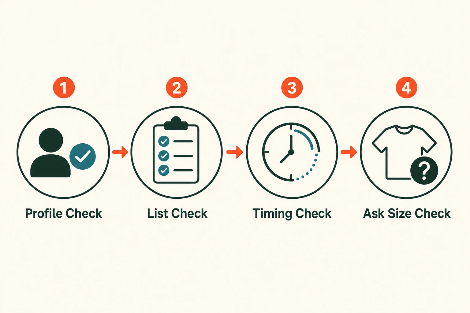 Diagram showing four audit steps: profile check, list check, timing check, ask size check