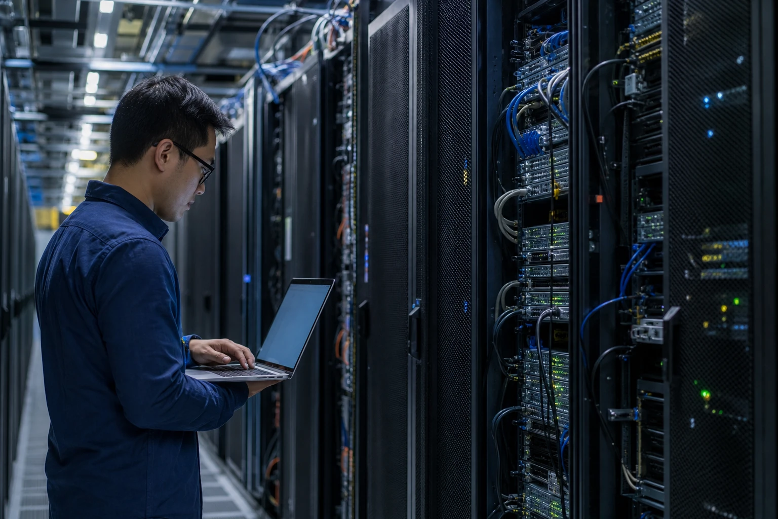 Engineer standing in a server room checking a laptop connected to racks