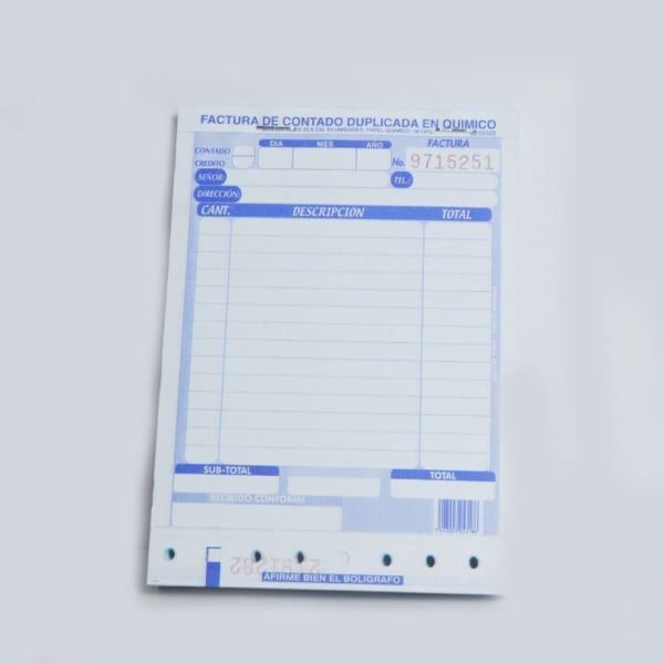 Factura de contado duplicada en quimico