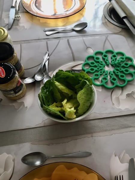 bowl of salad on breakfast table at dad's house