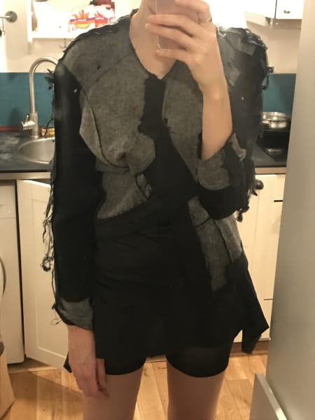 Selfie in deconstructed silk jacket and bike shorts