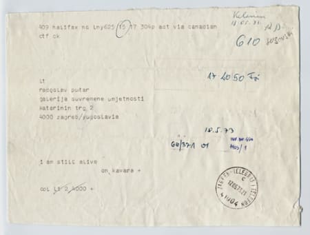 Telegram work by On Kawara that says I am still alive