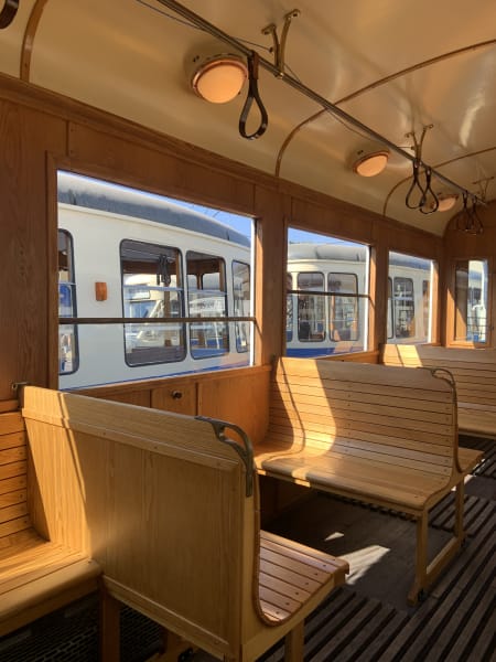 wooden interior of zabytkowy tram