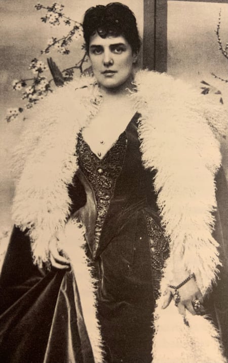 portrait of a regal edwardian woman in corseted dress and fur, winston churchill's mother