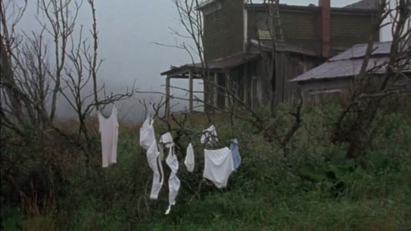 screenshot from film company of strangers showing undergarmets drying outside