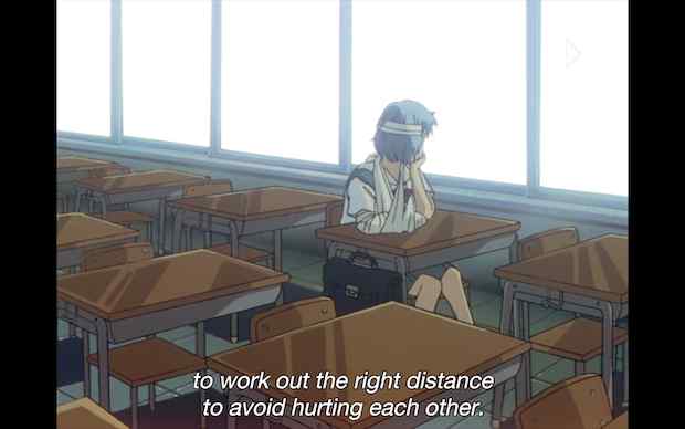 From Neon Genesis Evangelion, Episode 1 or 2? (1995), shot of Rei sitting at desk in classroom gazing out the window, bandaged up, all surrounding desk around her empty, substitle reads 'to work out the right distance to avoid hurting each other'