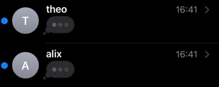 screenshot of imessages showing alix and theo both typing to me at 16:41