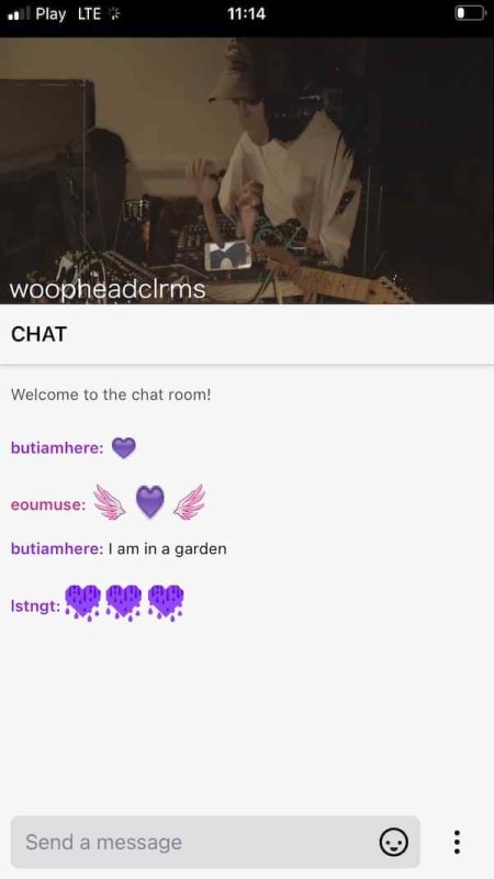 Screenshot on my phone from Woop's Twitch sky event showing woop playing and the chat