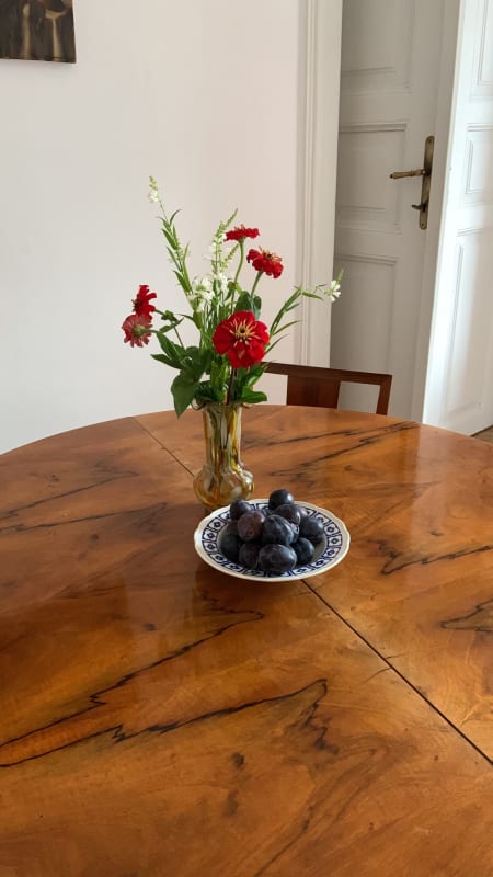 vase of flowers and bowl of plums