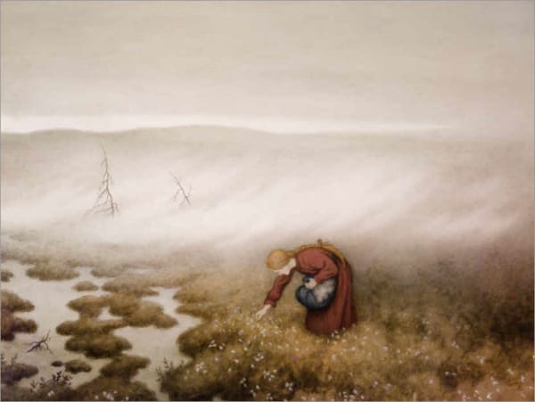 Screenshot of Theodor Kittelsen cotton grass painting showing princess collection cotton in a marsh