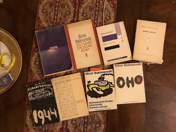 Birds-eye photo of table with a bunch of Miron's books laid out, recently purchased