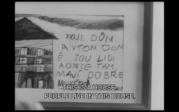 Věra Chytilová - Something Different (1963), picture of a kids drawing that says this is a house people live in this house 