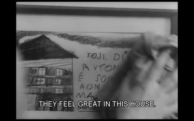 Věra Chytilová - Something Different (1963), picture of a kids drawing that says they feel great in this house