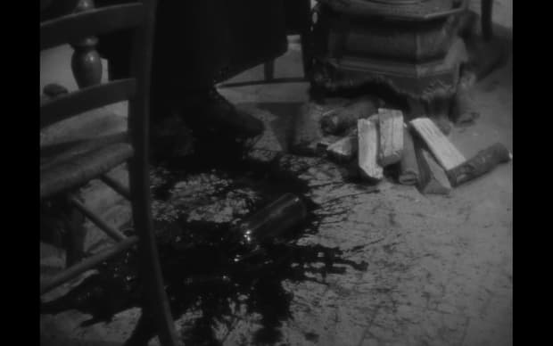 Robert Bresson - Diary of a Country Priest (1951), spilt bottle of wine smashed on floor