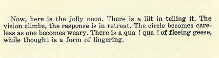 Lyn Hejinian that reminds me of Kate, Now, here is the jolly noon. There is a lilt in telling it. The vision climbs, the response is in retreat. The circle becomes careless as one becomes weary. There is a qua ! qua ! of fleeing geese, while thought is a form of lingering