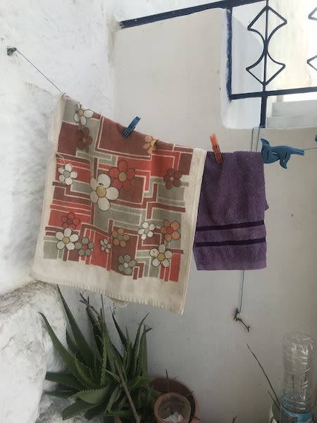 One purple and one floral hand towel hanging on a line outside