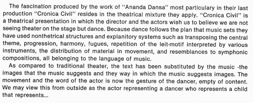 Text screenshot about Ananda Dansa and Pep Llopis' scores which transmutes the forms of music to dance
