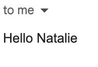 Text screenshot from email that says Hello Natalie