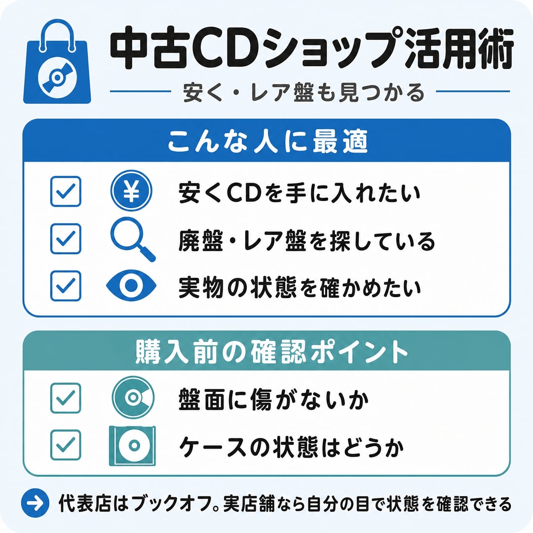 掘り出し物が見つかるかも？中古CDショップの図解