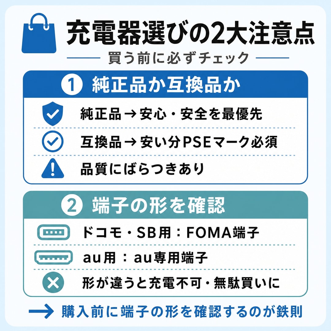 ガラケー充電器を選ぶときの注意点の図解