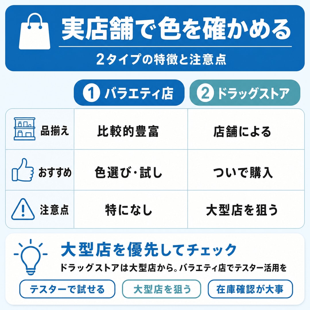 【実店舗】色味を直接チェックしたいならココ！の図解