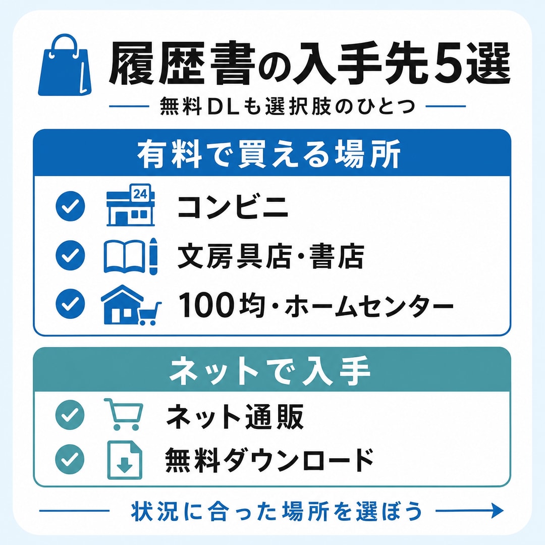 履歴書が手に入る場所とそれぞれの特徴の図解