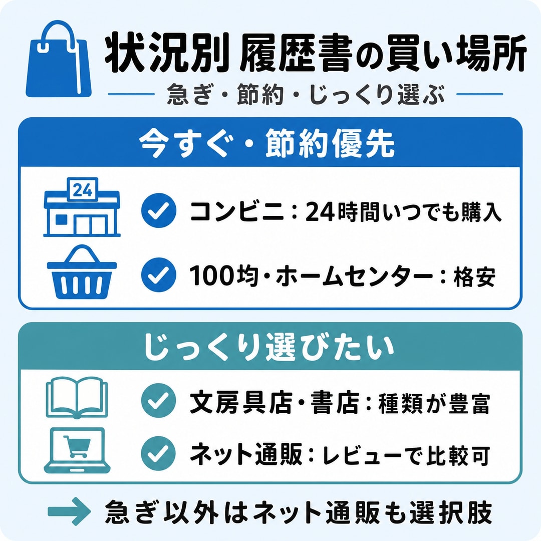 状況別！おすすめの履歴書購入場所ガイドの図解