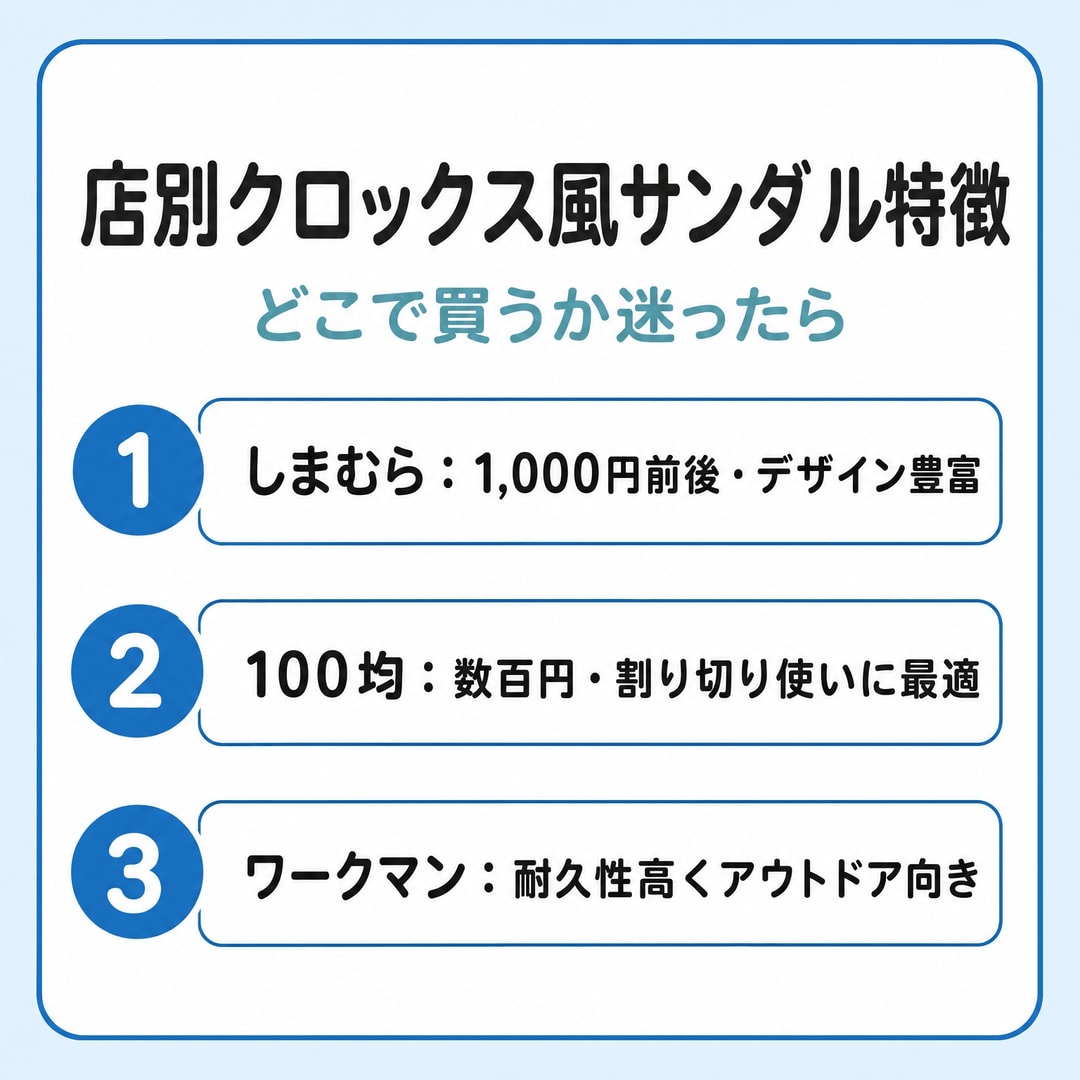 【徹底比較】人気店のクロックス風サンダル、それぞれの特徴は？の図解