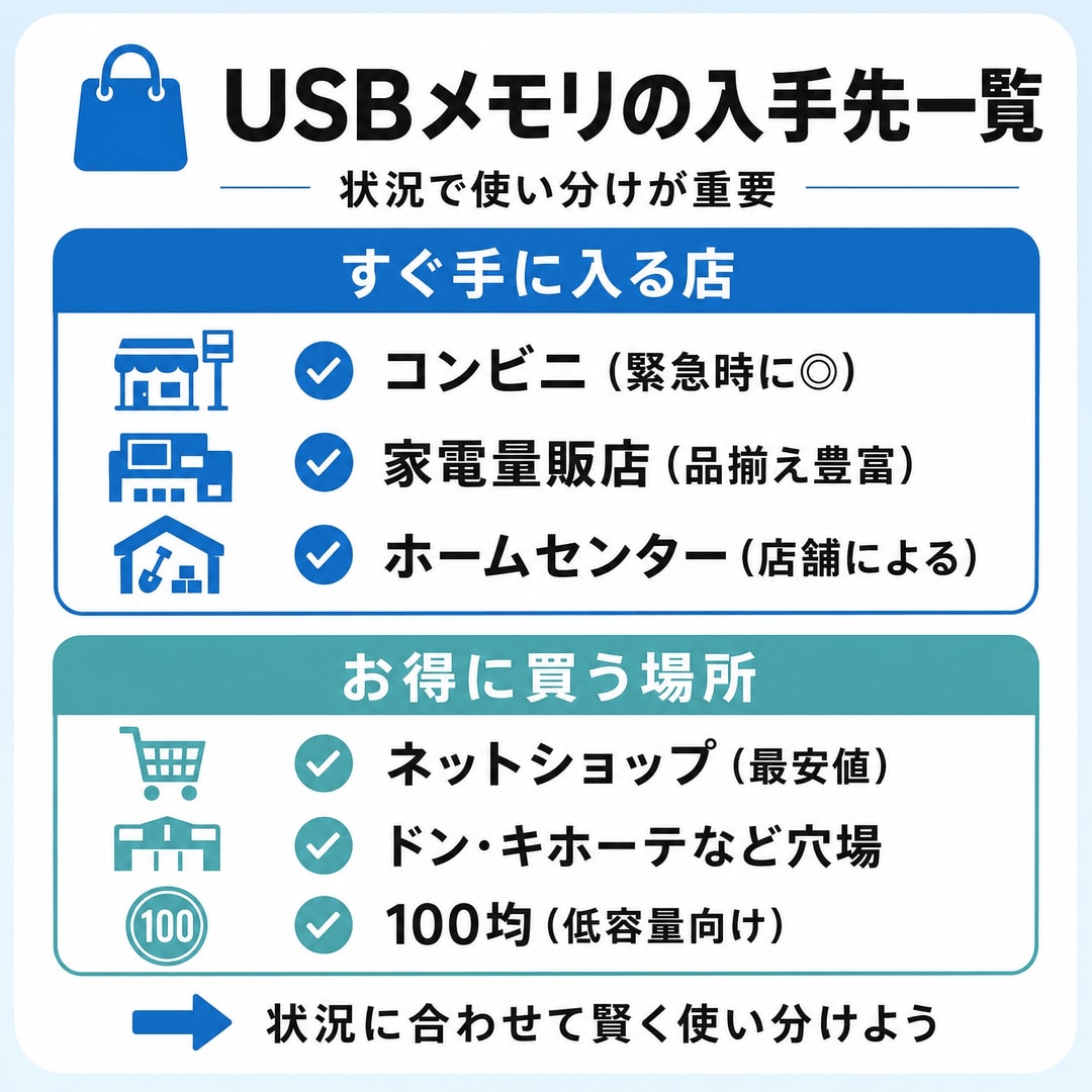 USBメモリの販売場所 早見表の図解