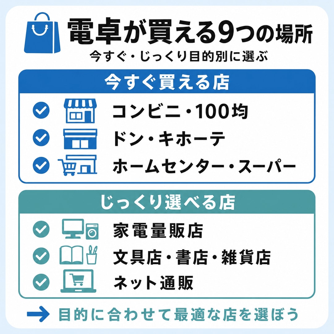 電卓を購入できる販売場所の一覧の図解