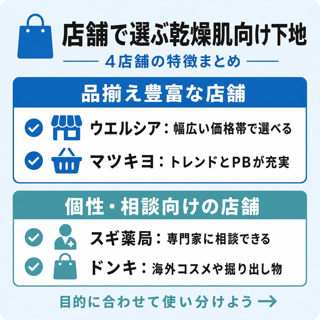 【店舗別】乾燥肌向け下地はどこで買える？の図解
