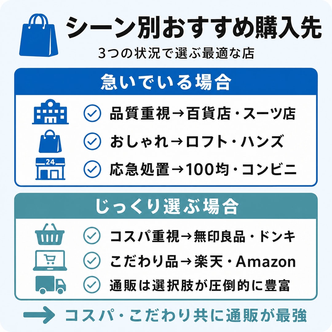 【状況別】あなたに最適な名刺入れの買い場所はここ！の図解