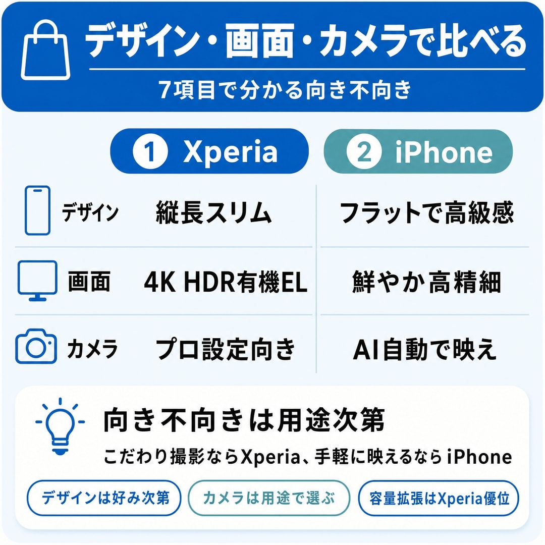 XperiaとiPhoneを7つのポイントで徹底比較の図解