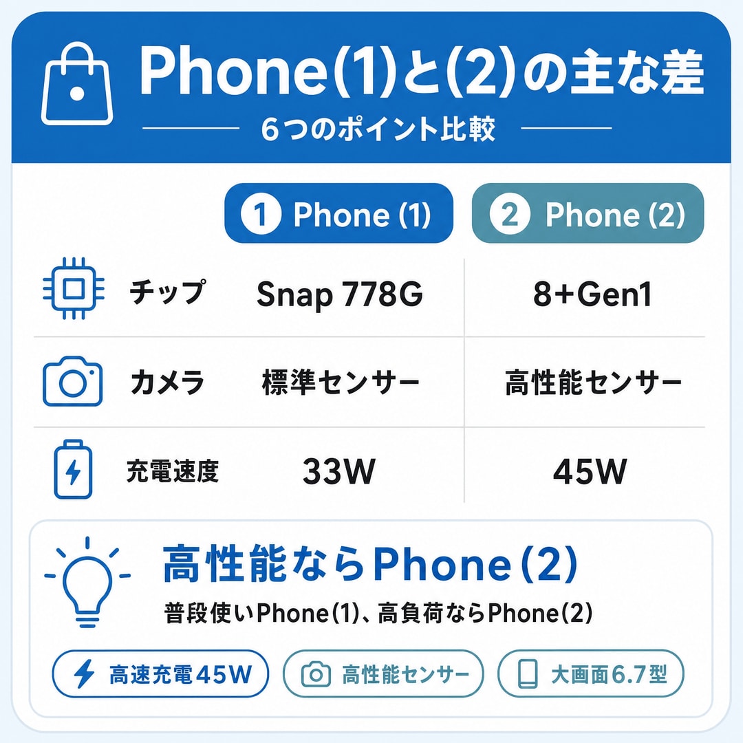 Nothing Phone (1)と(2)の重要な6つの違いの図解