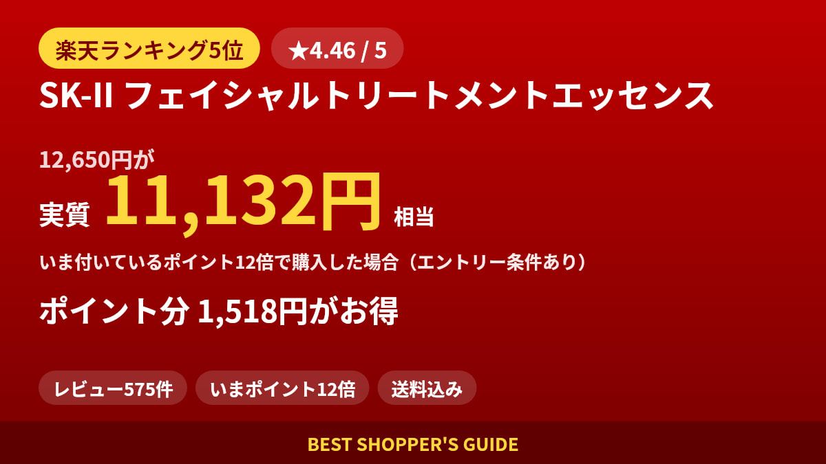 SK-II フェイシャルトリートメントエッセンスは買いどき？楽天ランキング5位・レビュー575件のデータで確認【2026年8月】