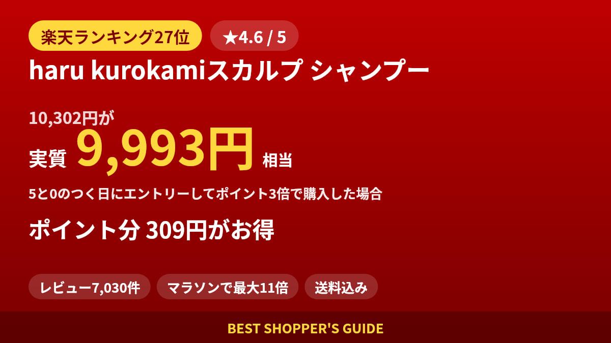 haru kurokamiスカルプ シャンプーは買いどき？楽天ランキング27位・レビュー7,030件のデータで確認【2026年8月】