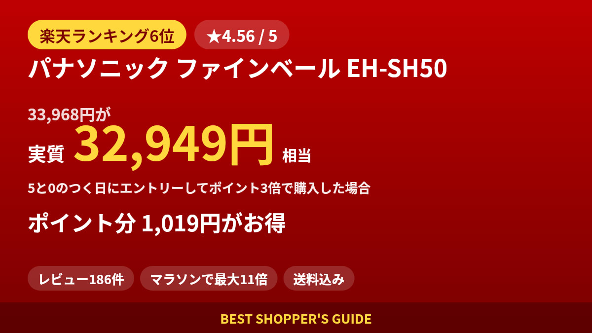 パナソニック ファインベール EH-SH50は買いどき？楽天ランキング6位・レビュー186件のデータで確認【2026年8月】