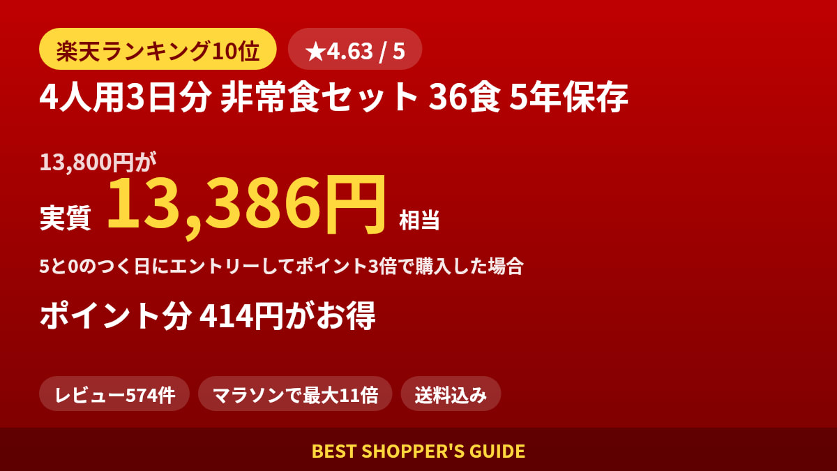 4人用3日分 非常食セット 36食 5年保存は買いどき？楽天ランキング10位・レビュー574件のデータで確認【2026年8月】