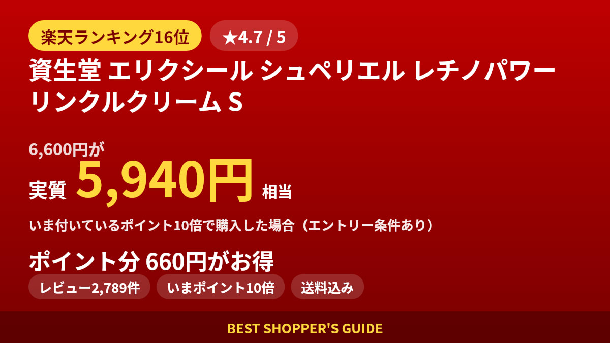資生堂 エリクシール シュペリエル レチノパワー リンクルクリーム Sは買いどき？楽天ランキング16位・レビュー2,789件のデータで確認【2026年9月】