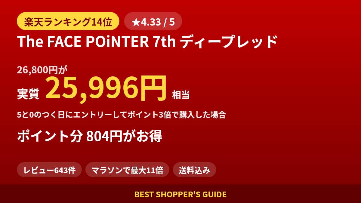 The FACE POiNTER 7th ディープレッドは買いどき？楽天ランキング14位・レビュー643件のデータで確認【2026年9月】