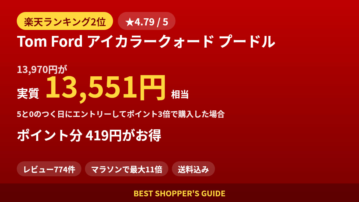 Tom Ford アイカラークォード プードルは買いどき？楽天ランキング2位・レビュー774件のデータで確認【2026年9月】