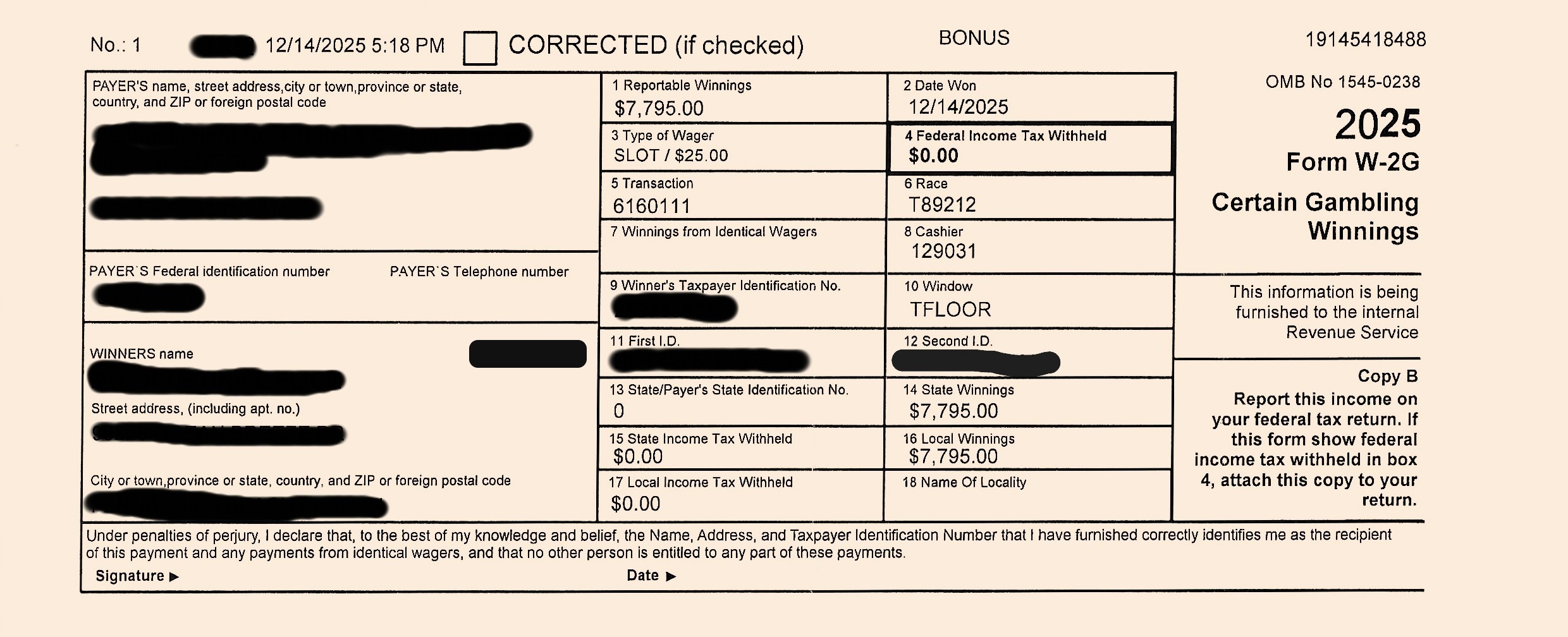 Form W-2G, Certain Gambling Winnings, a $7,795 slot jackpot with identifying fields blacked out
