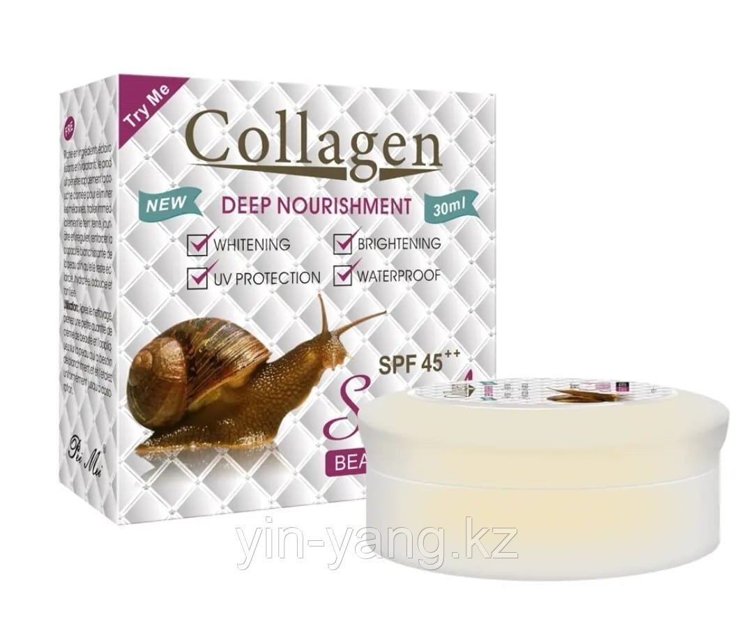 Выравнивающий и водостойкий крем для лица "SNAIL COLLAGEN" SPF 45 с коллагеном и муцином улитки, 30мл