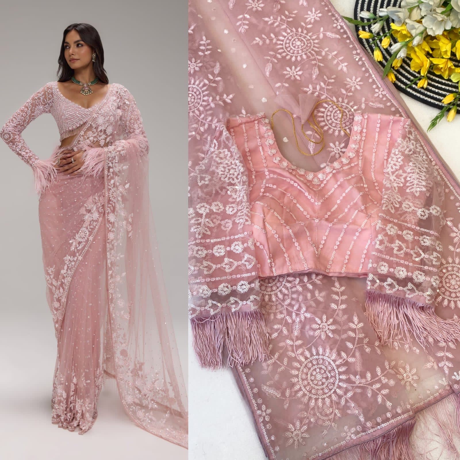 Designer Embroidered Net Saree — 9