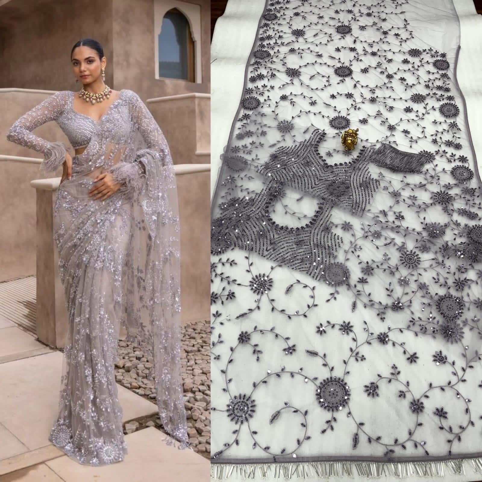 Designer Embroidered Net Saree — 7