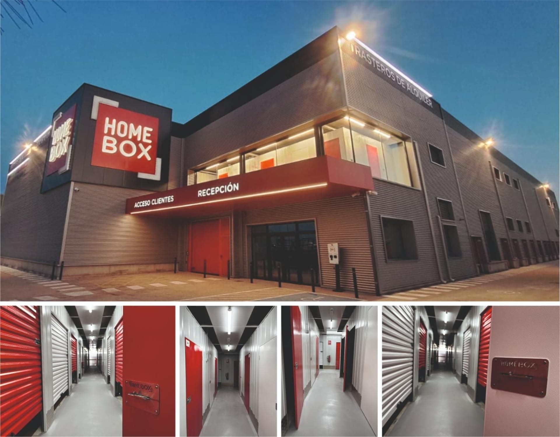 Edificio iluminado de noche con recepción y mosaico de pasillos interiores del centro HOMEBOX Valencia, Avng Comarques del Pais Valencía 61, Quart de Poblet